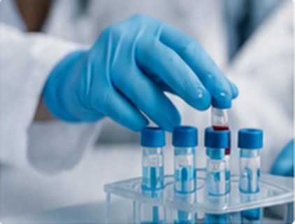 Gloved hand placing a sample tube into a rack