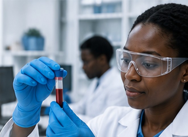 Scientist in safety glasses examining a blood sample tube in a laboratory